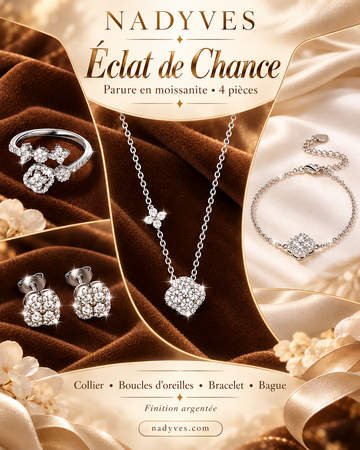Parure Éclat de Chance en moissanite  (Couleur : Or blanc) – Ensemble 4 pièces : collier, boucles d’oreilles, bracelet et bague